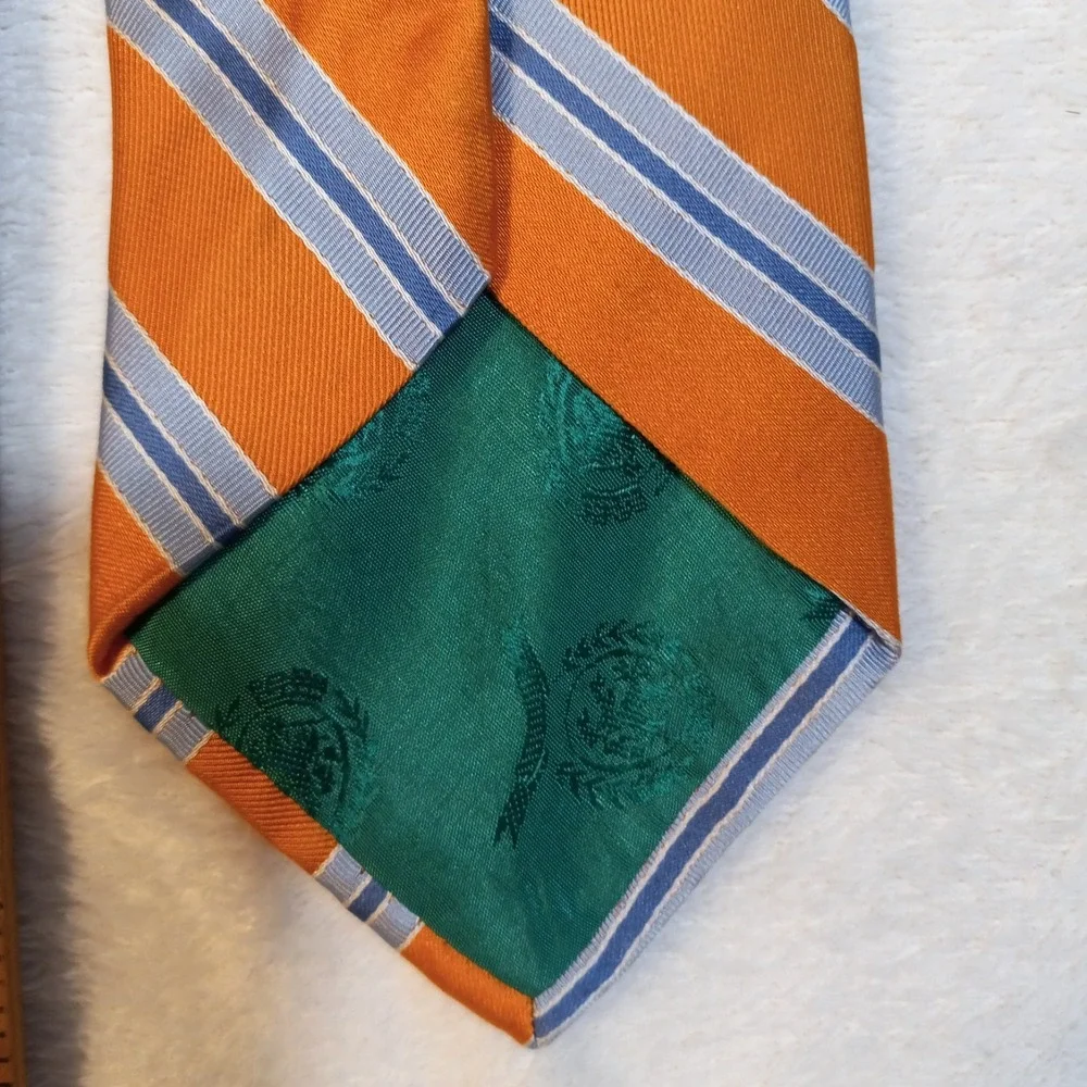 Vtg Hilfiger 100% Silk Orange Striped Repp Tie Hand Sewn Preppy BLUE TAIL